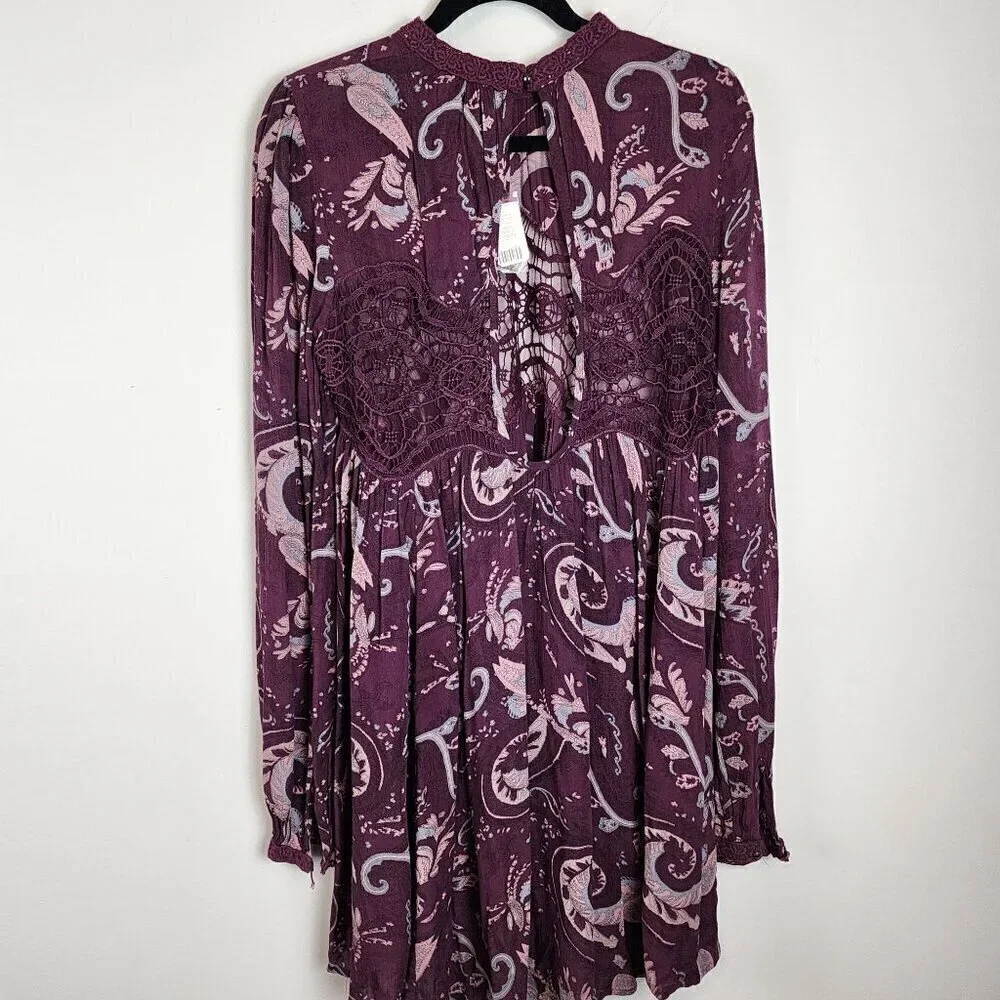 Free People sz M Sweet Thing Paisley tunic dress Wine color New